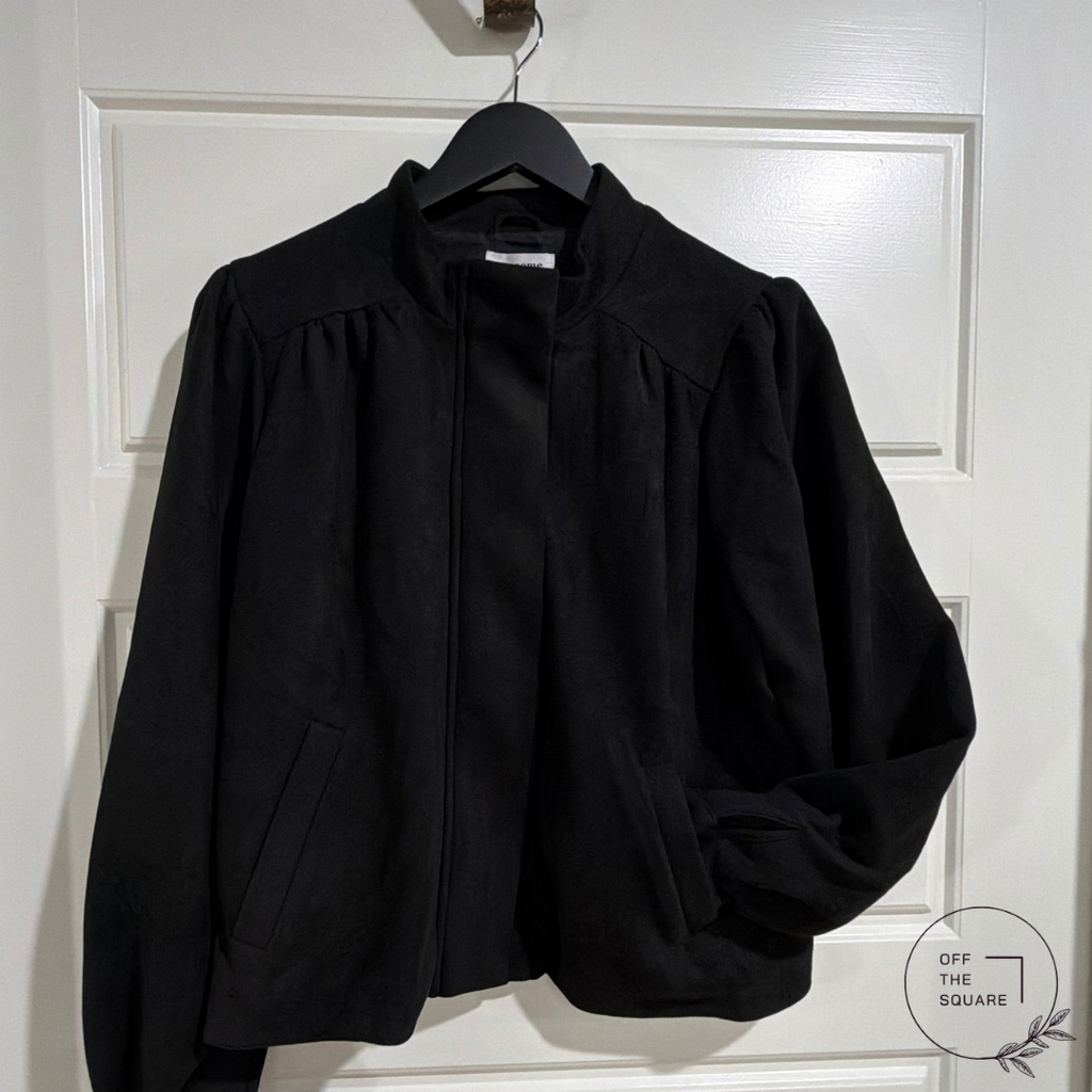 Black Suede Mock Neck Zip Up Jacket