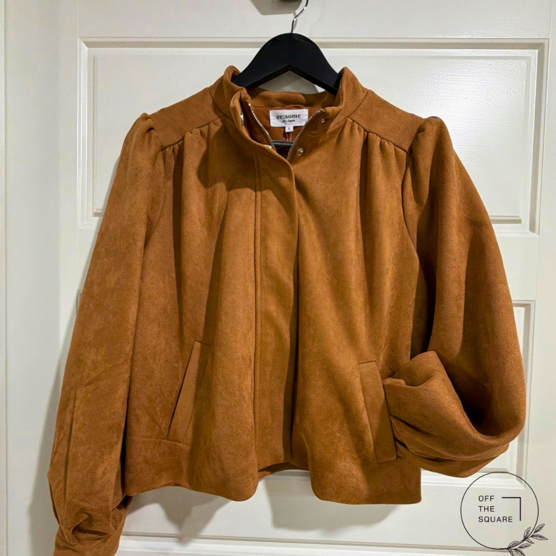 Sugar Almond Suede Mock Neck Zip Up Jacket