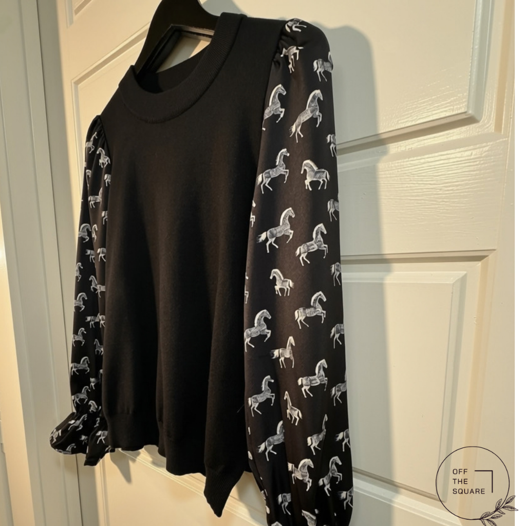 Black Horse-Print Sleeve Sweater