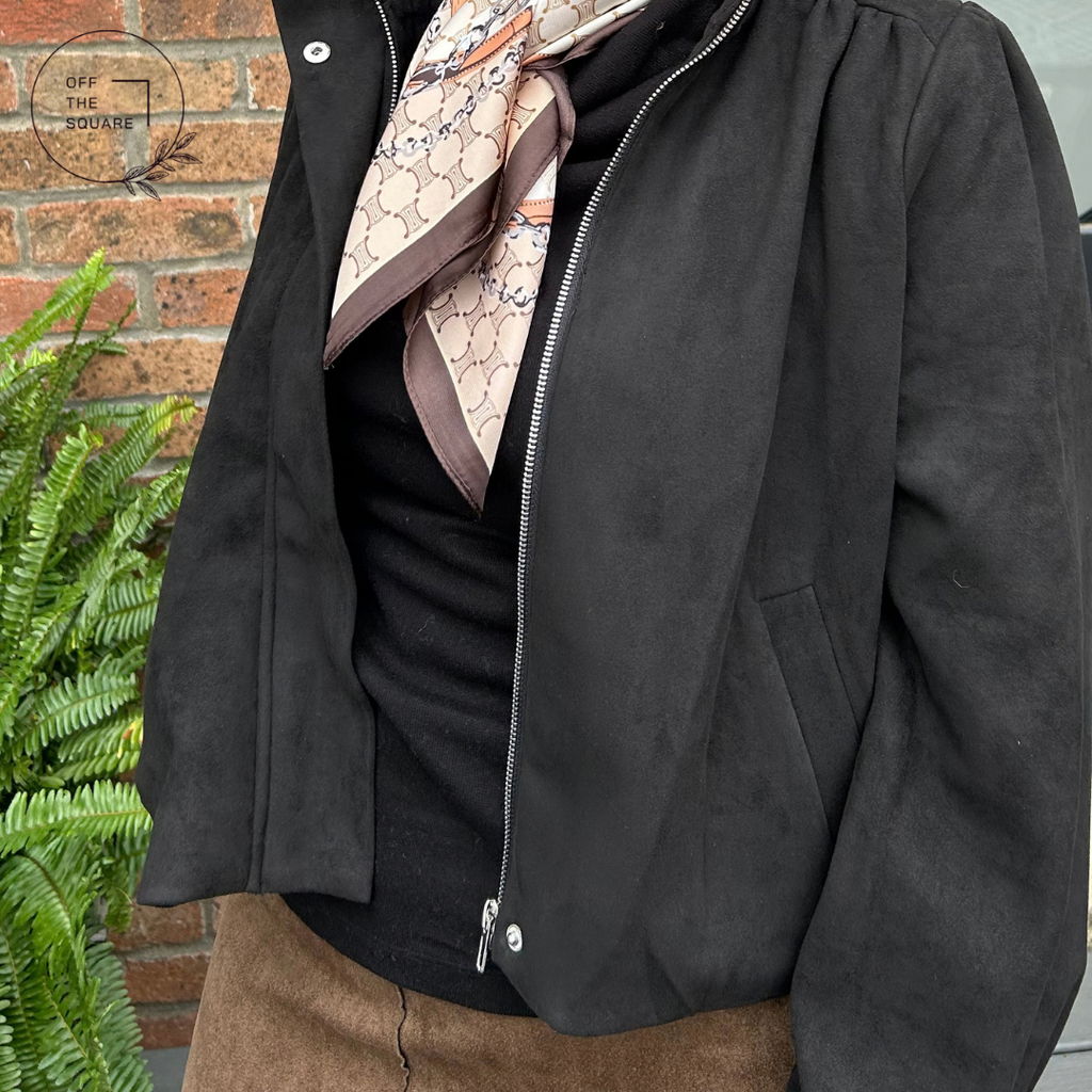 Black Suede Mock Neck Zip Up Jacket